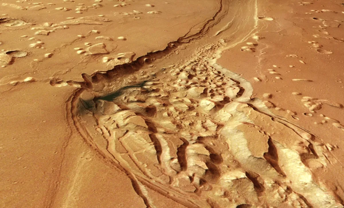 Mars Express Reveals Ancient Waterway Lined with Volcanic Ash